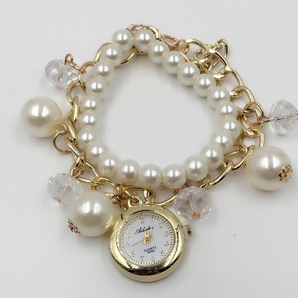 Watch Women’s Bangle Bracelet 2 Strand Pearl Bracelet Band Analog Gold White - Picture 2 of 11